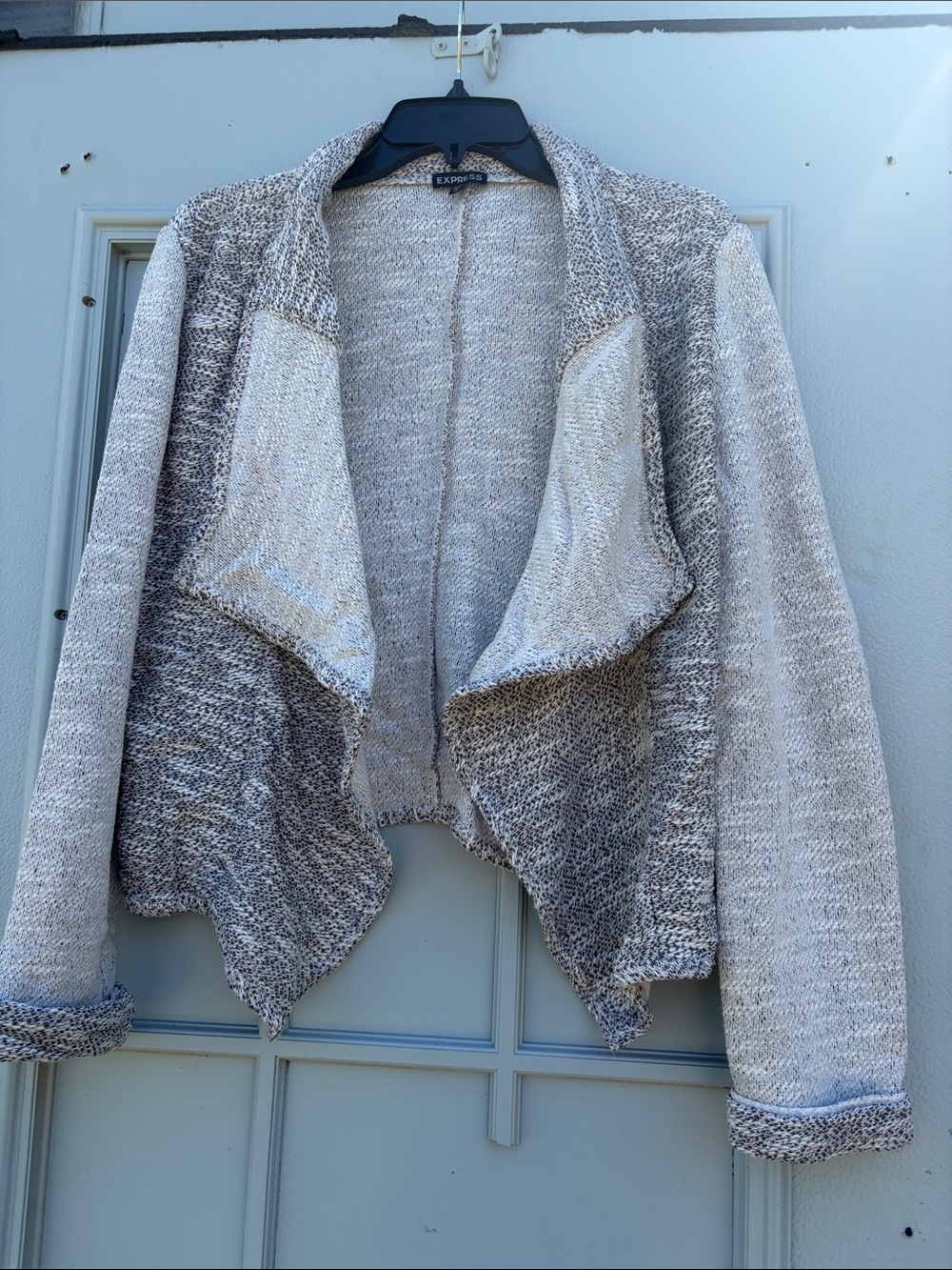 Express Women's Two-Tone Draped Open-Front Cardigan in Light Gray and Cream